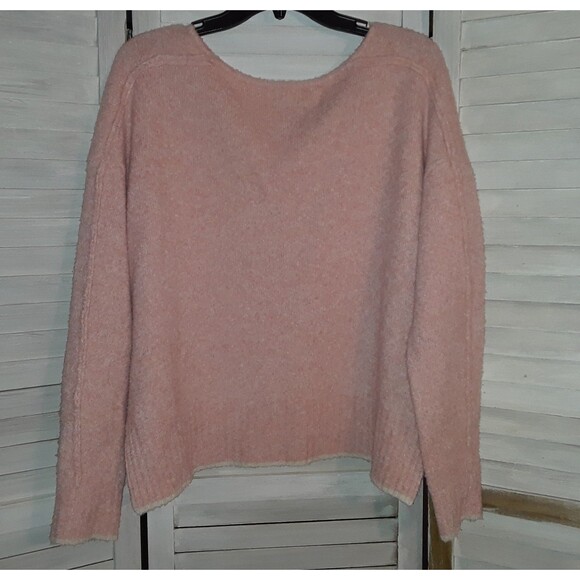 Line Women's Over-Sized Small Sweater Cashmere Blend Cropped V-Neck Pink Cream - Picture 3 of 9